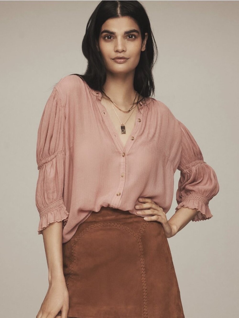Pilcro Gauzy Bubble Sleeve Buttondown Top